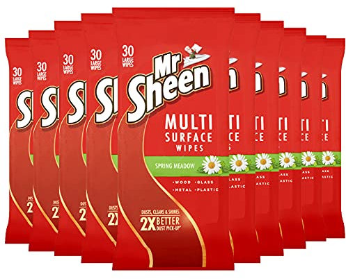 Mr Sheen Multi Surface Wipes, Clean & Dust Wood, Glass Metal & Plastic Surfaces, Scent: Spring Meadow, Size: Pack of 10