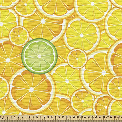 ABAKUHAUS Obst Stoff als Meterware, Zitronen-Orangen-Kreise, Qualitäts Stoff Polster für Wohnaccessoires, 10M (148x1000cm), Gelb Weiß und Grün