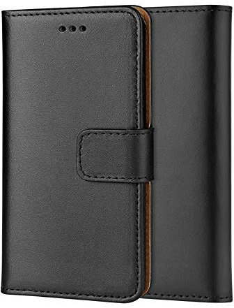 Genuine Leather Bookcase for iPhone 11, Premium authentic Genuine Leather Wallet case with Magnetic, Kickstand, Cash & Card Slots Stockproof Slim Flip bookcase cover 6.1 (Black)