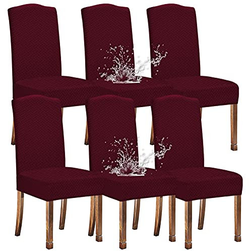 KELUINA Stretch wasserdichte Jacquard mit langem Gitter Esszimmer Stuhlhussen Home Decor, Stuhlhussen für Esszimmerstühle(Weinrot,6 Stück)