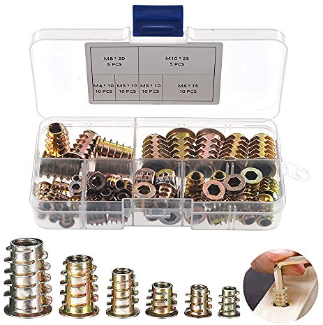 YIXISI 50 Pezzi Dadi Esagonali in Lega di zinco Kit, Mobili Presa Esagonale Inserti a Vite Inserti Filettati Kit di Strumenti Assortimento di Noci M4 / M5 / M6 / M8 / M10, per Mobili in Legno