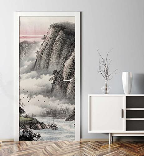 MyMaxxi - Tür bekleben mit Türtapete Türposter Türfolie Selbstklebend 90x200 Japan Landschaft - Tür verschönern Türaufkleber Türklebefolie Gebirge Berge Wolken Mehrfarbig