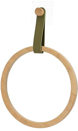 Porte-serviettes circulaire en bambou avec fixation en cuir synthétique, porte-serviettes 21 cm pour lavabo avec fixation adhésive sans trous (Porte-serviettes vert olive)