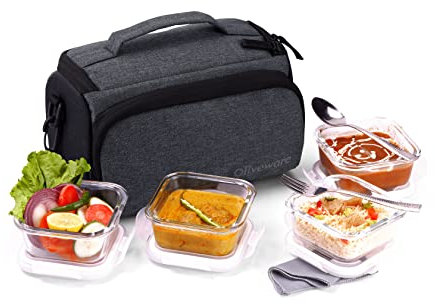 SOPL-OLIVEWARE Elite Glassware Round Lunchbox, Napkin & Steel Cutlery, Borosilicate Glass & Microwave Proof, 4 Cointainer with 320ml Each - Grey