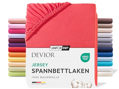 Devior Jersey Spannbettlaken 180x200cm - 200x200cm, 100% Baumwolle, Matratzenhöhe bis 22cm, Rot – 135 g/m² Anti-Statisches, atmungsaktives Bettlaken mit Einlaufschutz, Matratzenbezug Rot