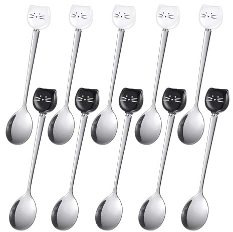 10 Piezas Cuchara de Café Gato, Cuchara de Postre de Acero Inoxidable, Mini Diseño del Gatito que Revuelve Cuchara, Aptas para Lavavajillas, Cucharas de Té para Gatos para Helados Agua Leche Bebidas
