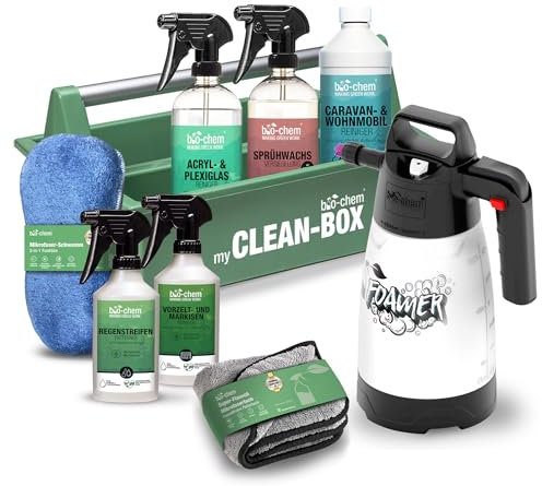 Bio-Chem - Set Premium di 9 prodotti per la cura degli esterni di caravan e camper - Detergenti, cere e accessori per camper - Pulizia di vetri, parabrezza e carrozzeria