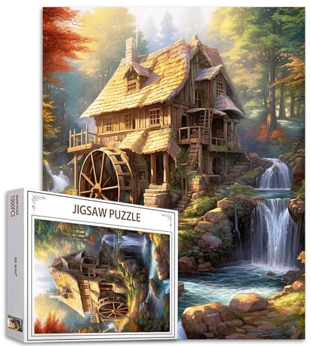 Tucocoo Rustikale Hütten-Puzzles für Erwachsene, 1000 Teile, Wald, Wasserrad, Wasserfall, Kunst-Puzzle, bunt, DIY-Bastelpuzzles für Heimdekoration, Geschenke, Familienpuzzle, perfekt für Spielabende