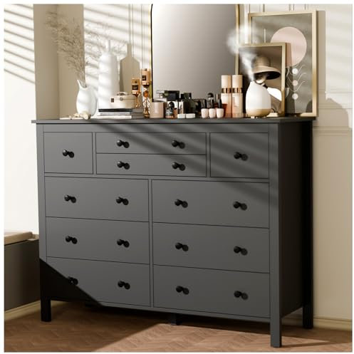 yacchi home 120CM Kommode mit 10 Schubladen Kleiderschrank für das Schlafzimmer, Langer Schubladenschrank mit Tiefen Schubladen, Moderner Holzerner Speicherkleiderschrank (schwarz)