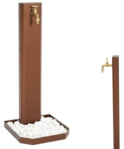 Fontana da giardino, per esterno. Fontanella a colonna moderna, colore effetto Corten, in acciaio. Rubinetto in ottone, flessibile, raccordo e ciottoli Compresi. Altezza 1mt