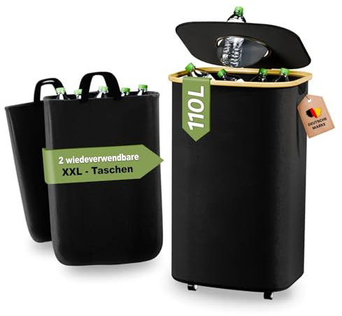 heimora Pfandflaschen Sammelbehälter mit Rollen, Deckel & 2 Beuteln – Große Aufbewahrung für Leere Flaschen & Altglas – Flaschenbehälter für Küche, Vorratsraum, Garage & mehr