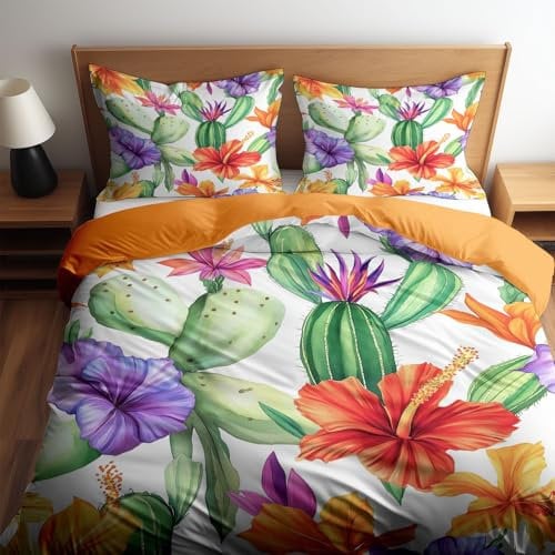 Seersucker Bettwäsche, 100% Mikrofaser Aquarell Kaktus Blumen Bettbezug aus Atmungsaktive, Angenehme, Sommer Bettwäsche-Set mit Kissenbezug Terrakotta Bettbezug mit Reißverschlus 155 x 220 cm