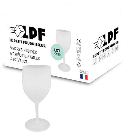 LPF LE PETIT FOURNISSEUR - Lot de 120 Verres à Vin réutilisables 25cl (30cl max) - Polypropylène plastique alimentaire rigide - Verre à pied à eau et vin - Compatible lave-vaisselle - Couleur Givrée