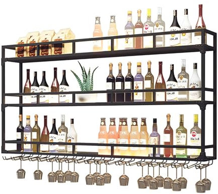 GWLQRTXV Übergröße Weinregal Wand 150CM mit LED Licht mit glashalter Metal, Faschenregal Flaschenhalter mit Beleuchtung Modern für Küche Bierbar Cocktailbar Bars Bistros Kneipen Schwarz