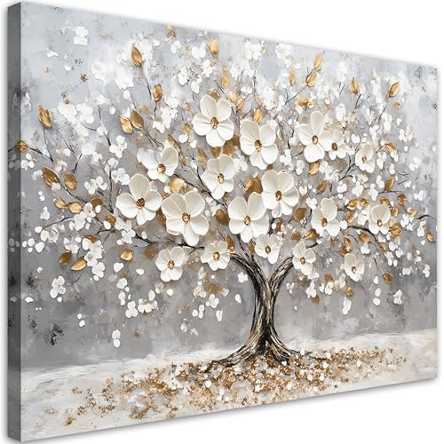 Feeby - Impression sur Toile - Tableau Decoration Murale - Fleurs blanches Feuilles dorées - 120x80 1partie - Salon Peinture Tableaux - Moderne Reproductions Tableaux - Décoration Chambre