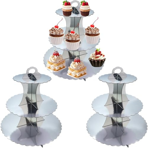 LHNNDM 3 PACK Cardboard Cupcake Stand 3- Tier lace edge Dessert Stand, Cardboard Cupcake Stand (Silver)