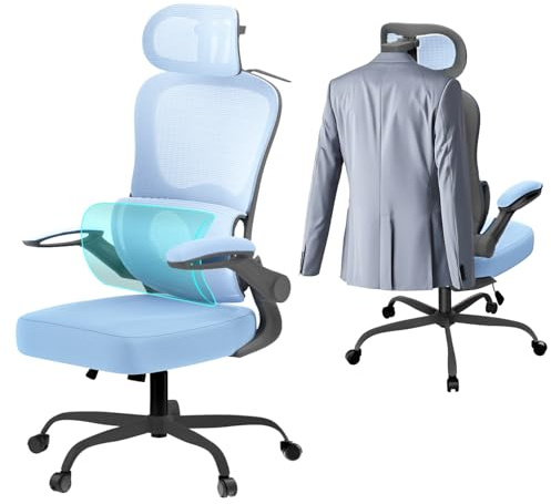 Aevoriax Ergonomischer Bürostuhl, dynamische Lendenwirbelstütze, Dickes weiches Sitzkissen, geeignet für Home-Office, mehrfach verstellbare Kopfstütze – schwarzer Rahmen mit blauem Netz