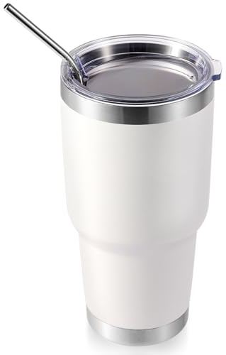 Volhoply 900ml 30oz Insulated Tumbler with Lid and Straw, Double Wall Inner & Outer 304 Stainless Steel Coffee Cup, Travel Mug Reusable Thermal Cup for Cold & Hot Drinks (White,1 Pack)
