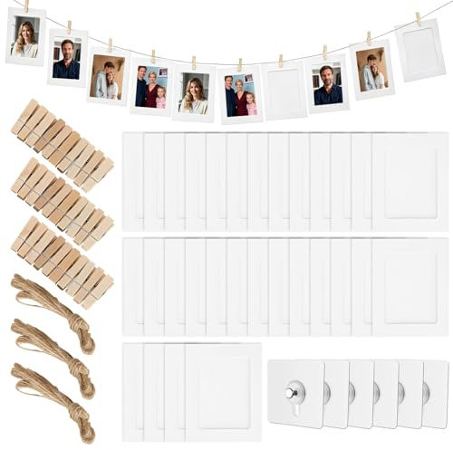 Fotogirlande, 30 Stück Fotoleine 5 Inch Bilderrahmen mit 3×2 Meter Schnur und 30 Pcs Holz Klammern, 6 Pcs Bilderhaken Ohne Bohren, Lichterkette mit Klammern für Fotos Bilder Collagen Postkarten