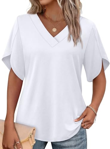 WIHOLL White Shirt Womens Blouses for Women Dressy Casual V Neck Shirts Fashion Clothing School Outfits for Teachers Womens Summer Tops White XL