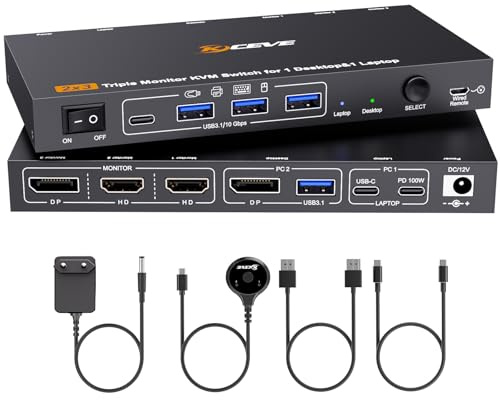 4K@60Hz USB C DP KVM Switch 1 PC 1 Laptop Teilen von 3 Monitore und 4 USB 3.1-Anschlüssen, PD 100 W für Laptop, USB-C Docking KVM Switch mit Netzteil, kabelgebundener Fernbedienung und USBA+USBC-Kabel