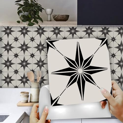 20PCS Tile Stickers 15x15CM Black and Cream White Peel and Stick Wall Tiles, Waterproof Tile Stickers for Bathroom, Kitchen Stick On Tiles, Stick On Tiles for Fireplace Surround & Kitchen Splashback