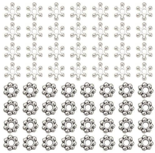 TOAOB 400pcs Silver Tone Snowflake Spacer Beads and Antique Silver Tone Daisy Spacer Beads 6mm for Jewellery Making