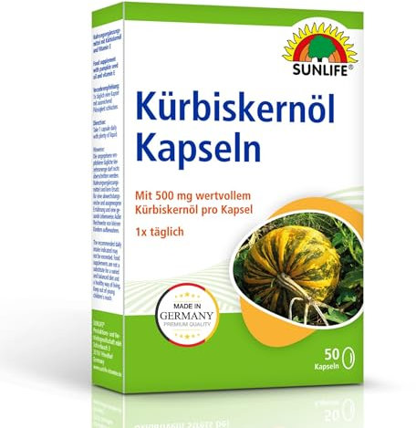 SUNLIFE Kürbiskernöl Kapseln - 1 x 50 Stück - Kapseln mit 500mg wertvollem Kürbiskernöl - Kürbis Kapseln mit Vitamin E - hochwertige Kürbiskern Öl Kapseln - zuckerfrei & glutenfrei