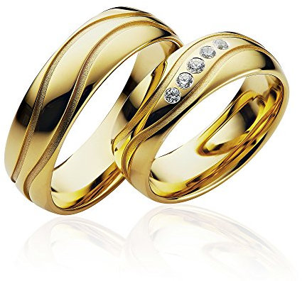 JC Trauringe 925er Sterling Silber Paarpreis I Eheringe Gold-plattiert mit Gravur I Verlobungsringe 6 mm breit inkl. Etui I Herren-Ring ohne & Damen-Ring mit 5 Zirkonia-Steinen I Gr. 48 bis 72 I P104
