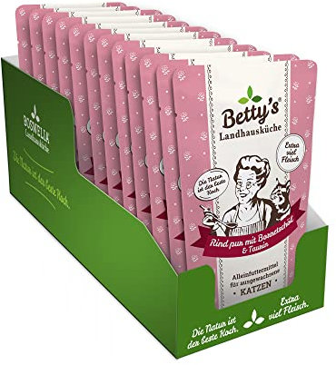 Betty's Landhausküche Frischebeutel Pouches Nassfutter Katze, Rind pur mit Borretschöl 12 x 100 g, getreidefrei, beste Qualität, hochwertiges Fleisch, schonend gegart, hohe Bioverfügbarkeit