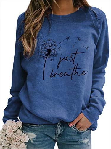 Dresswel Löwenzahn Sweatshirt Damen Pullover Herbst Rundhals Langarmshirt | Just Breath Pusteblume Schmetterling Drucken Pullover Winter Bluse Tops Oberteile