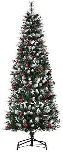 HOMCOM Albero di Natale Innevato 180cm con Bacche Rosse da Interni, Base Rimovibile e Pieghevole, 539 Rami, Verde