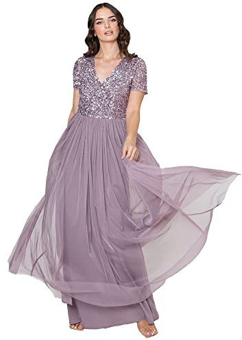 Maya Deluxe Women's Ladies Dress for Wedding Guest Plus Size Empire High Waist Sequins Short Sleeve Evening Bridesmaid, Moody Lilac, 10