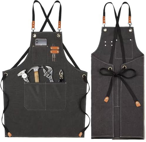 Theuwnee® Cook Grembiuli con Tasche Grandi,Grembiule di Tela con Croce Indietro per Uomini e Donne,Cucina, Cottura,Abbigliamento Duro,Grembiule Regolabile in Qualità Professionale,22x31in (Nero)