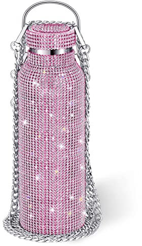Geiserailie Diamond Water Bottle, Stainless Steel, 1000 ml, Pink, Insulated, for Women and Girls, with Chain, Reusable, Tea and Coffee