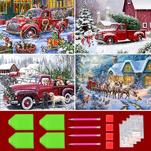 5D Diamond Painting Set 4 Pack Weihnachten Deko, Diamant Painting Bilder Tiere, DIY Diamant Malerei Kinder Katze Hund, Diamond Painting Erwachsene Schneemann Kranz, Home Wanddekoration (40x30cm)