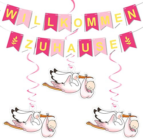 Willkommen Zuhause Baby, Vormontiert Herzlich Willkommen Girlande, mit 6 Stück Storch zur Geburt, Babyparty Deko Mädchen, Willkommen Zuhause Girlande, Welcome Home Baby