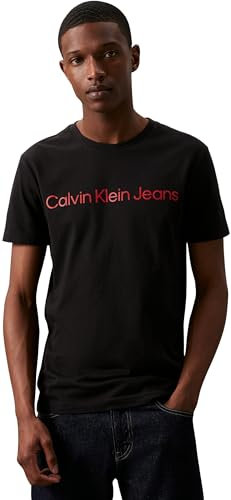 Calvin Klein Men’s Short Sleeve Round Neck Core Institutional Logo Slim Fit T-Shirt, Black (Ck Black/Salsa), XL