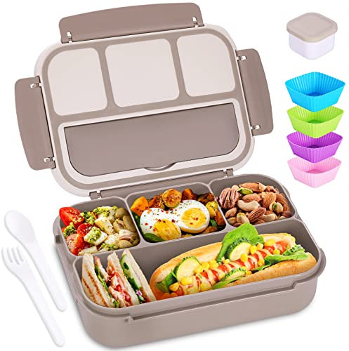 Bento Lunchbox, Lunchbehälter für Erwachsene, Herren, Damen, 1150 ml Lunchbox, Lebensmittelbehälter mit 4 Fächern, mit Utensilien, Saucenbehälter, spülmaschinen- und gefriergeeignet, braun