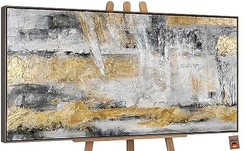 YS-Art Luxus Abstrakt Design Acryl Gemälde auf Leinwand Goldener Horizont handgemalt Wandbilder Wohnzimmer modern Wohndekor Bilder Büro echte Kunst 140x70 cm