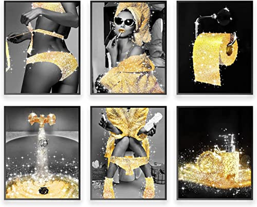 MKHFUW Badezimmerposter der Modernen Frauen,Modische Badezimmer Wanddekoration 6-teiliges Set, Badezimmerkunst, Rahmenlos (Golden-4,30x40cm*6)