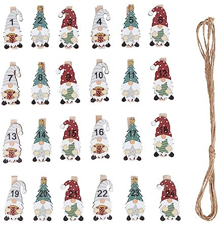 Rayher Calendrier de l’avent LUTINS avec pinces à linge numérotées, coloré, 1 pce., 24 pinces 1-24, cordon en jute 2m, Noël-46717000
