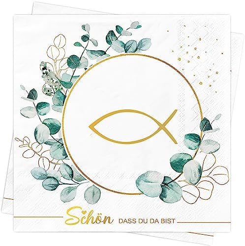 AFYHH 40 Stück Servietten Hochzeit Geburtstag Fisch Servietten Taufe Deko Grün Eukalyptus Schön Dass Du Da Bist 3-Lagig Salbeigrün Konfirmation Kommunion Napkins Tischdeko Weiß 33x33cm