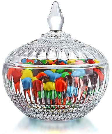 600ml/21oz Large Glass Candy Dish with Lid,Clear Crystal Candy Jar with Lid,Decorative Glass Jar for Buffet, Party, Wedding, Home Decoration,Dishwasher Safe