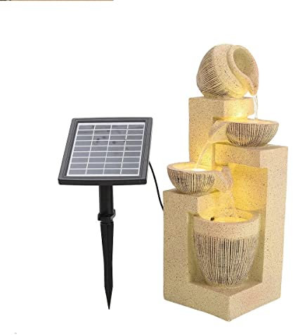 Outdoor Garden Water Fountain Outdoor 4 Tier Water Fountain Feature LED Lights Garden Statue Decor Solar Power Floor-Standing Waterfalls Fountains for Home Yard Decoration
