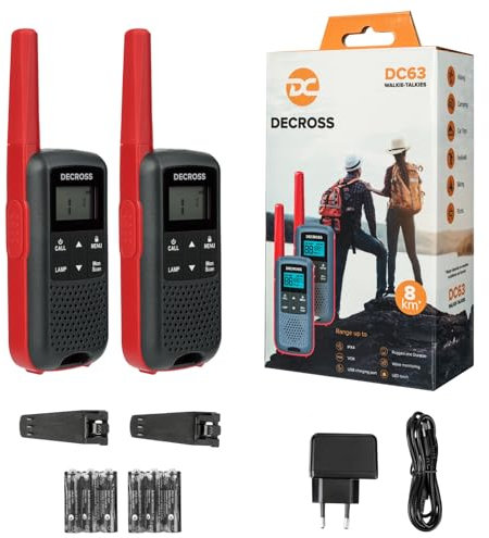 DC DECROSS 63 Walkie Talkie Kinder und Erwachsene, 2Set Walki Talki bis zu 8 km, PMR446 16 Kanäle, VOX, Taschenlampe, IPX4, Geschenk Jungen Mädchen 5, 6, 7, 8 Jahre, Wanderungen, Camping, Akku (Rot)