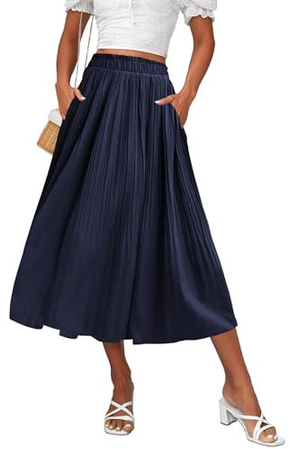 Zeagoo Damen Midi Röcke Hohe Taille Plissee A-Linie Swing Röcke Sommer Floral Lange Röcke mit Taschen, Marineblau, Klein