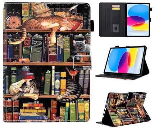 BYCeKe Case for iPad (A16) 11th/10th Generation 2025/2022, Slim Leather Stand Hard Shell Multi-Angle Viewing Protective Cover for iPad 11th Genertaion Case with Auto Wake/Sleep, Cat Bookshelf