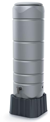 Regentonne rund Regenwassertank Standard rund Komplett-Set mit 110 Liter Volumen in der Farbe grau ist aus UV- und witterungsbeständigem Material mit kindersicherem Deckel