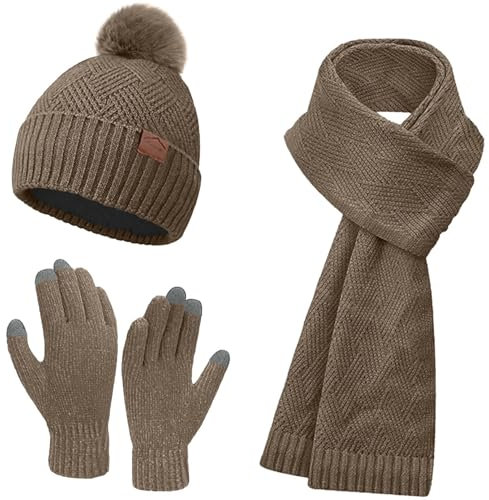 Yutdeng Mütze, Schal & Handschuh-Sets für Damen Warm Bommelmütze Winter Beanie Mütze Gefüttert Fleece und Langer Strickschal Handschuhe Touchscreen Mützen Set Damen Winterset 3 Teilig,Khaki